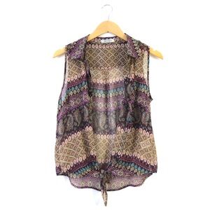 Xtaren Brown Purple Tan Boho Button Down Bottom Tie Sleeveless Blouse Top L